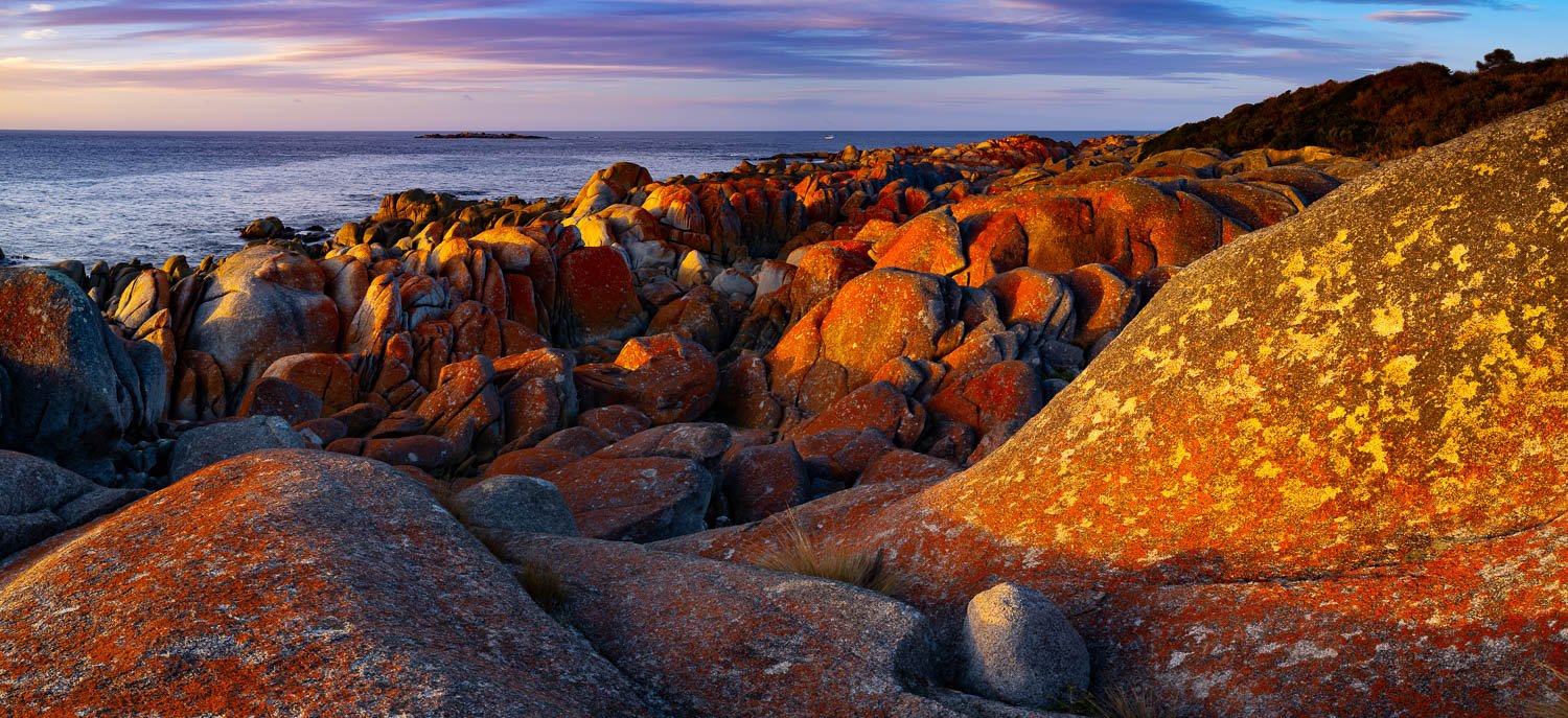 A large sequence of rounded small and large stones spreading in a long area, a seashore in the background, Eddystone Point Rocks, Bay of Fires