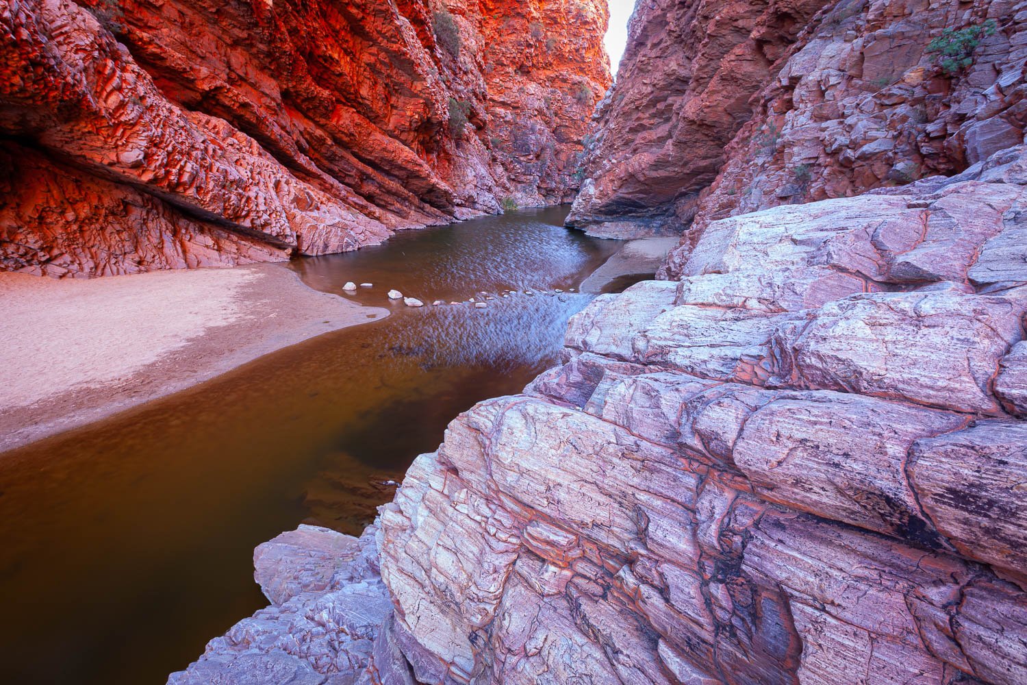 A beautiful area under the high mountain walls with a radish shade, and a small watercourse below the walls, Emily Gap, West MacDonnell Ranges - Northern Territory