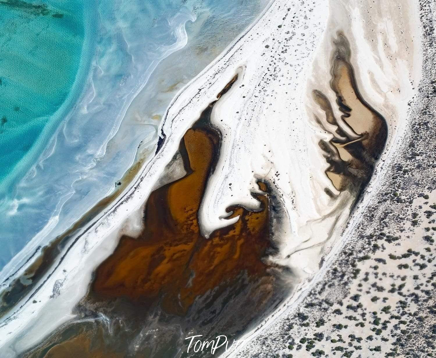 Artwork of chocolate-like sand with powder-like white sand and wavy water is coming from the left side and some small black spots on the right side, Encouragement