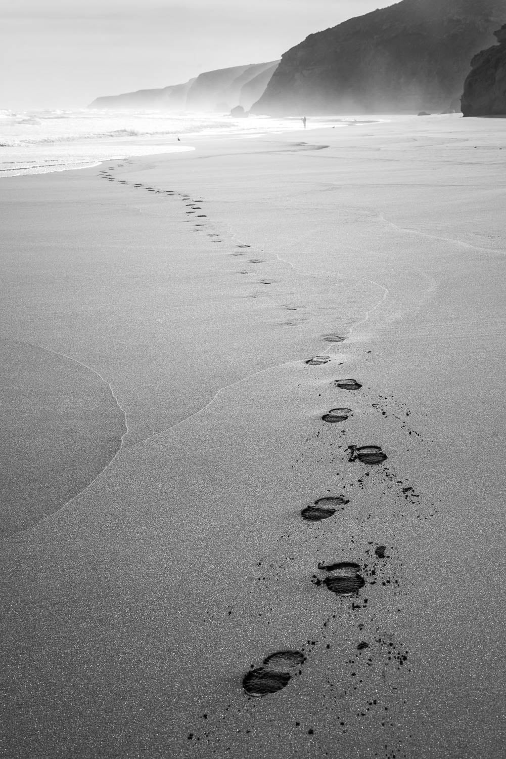 Clean Footprints on the sand of the seashore with a giant mountain in the far background, Eyre Peninsula #9