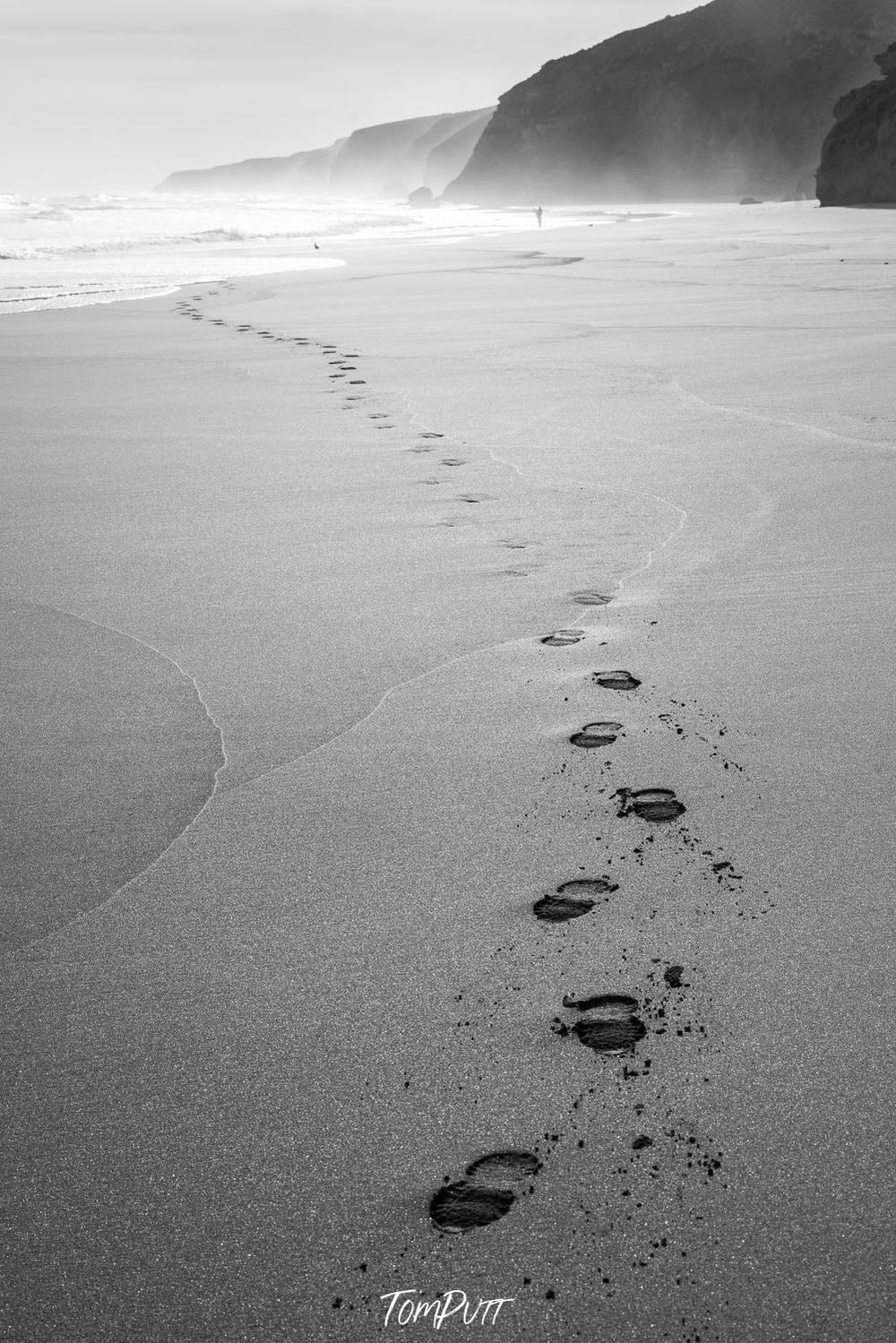 Clean Footprints on the sand of the seashore with a giant mountain in the far background, Eyre Peninsula #9