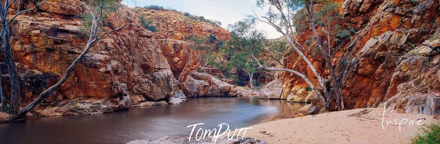 A small water course between long reddish mountains, Fish Hole - West Macdonnell Ranges, NT