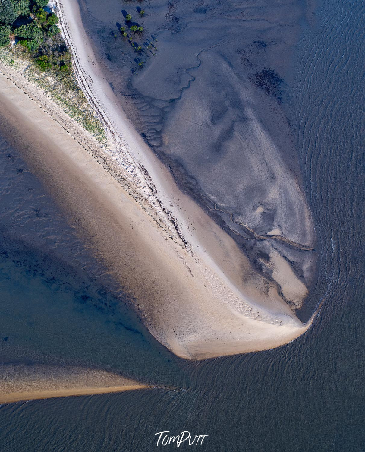 A large and dark sand area with a shiny thick curvy line of sand, some trees in the corner, French Island Aerial #4 - Western Port Bay