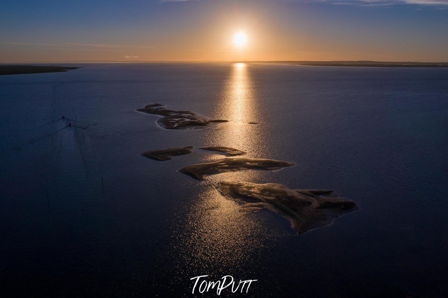 Aerial view of small sand islands in the sea with a line of sunset effect, French Island Aerial #7 - Western Port Bay