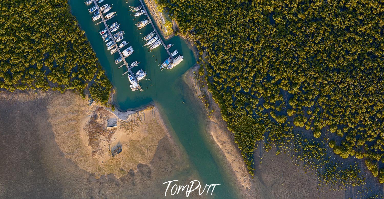 Aerial view of a large sea-port with a lot of small green trees around, French Island Aerial #9 - Western Port Bay