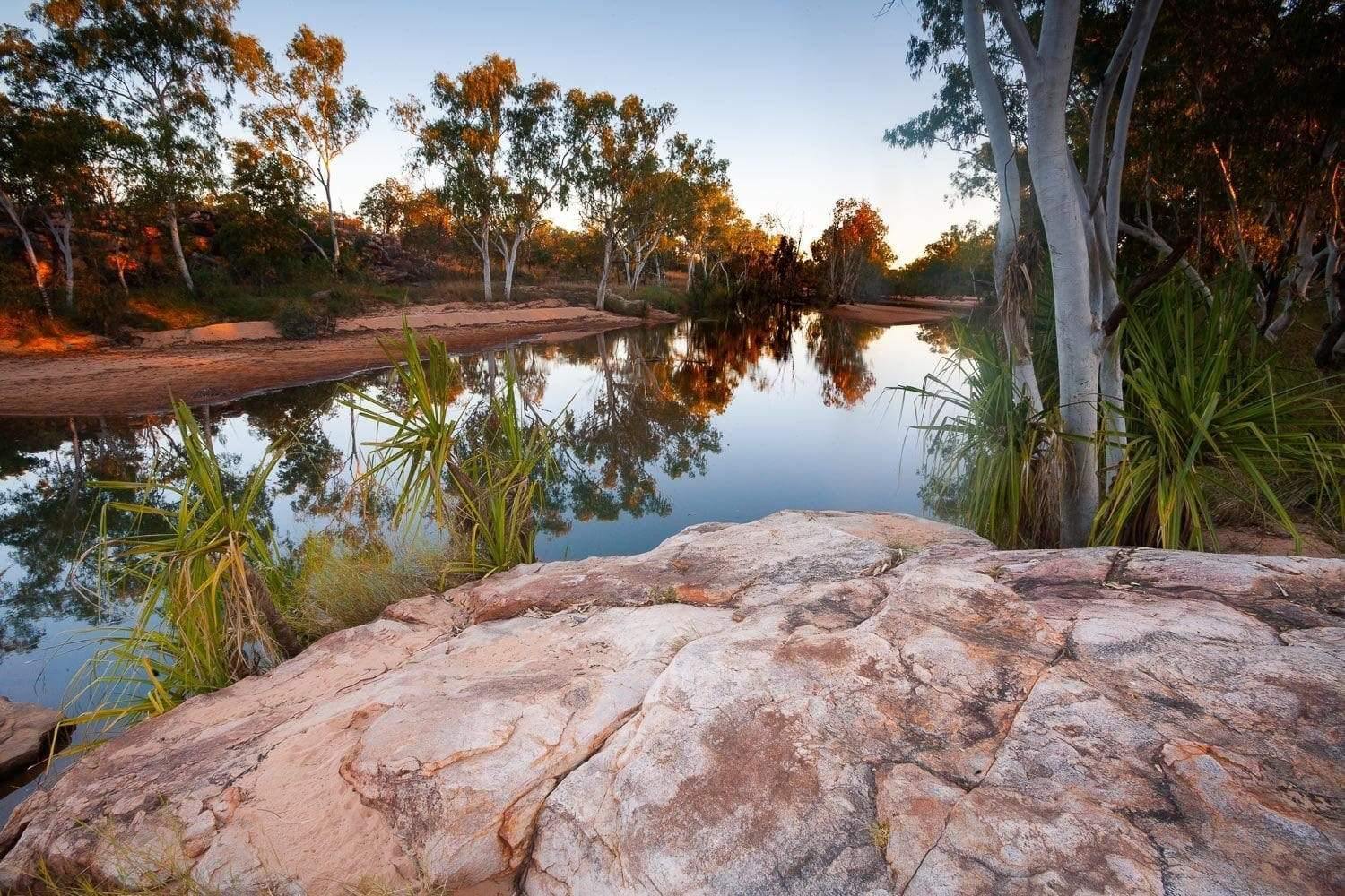 A watercourse with a row of trees and some mountain stones around, Gibb River Artwork- The Kimberley WA