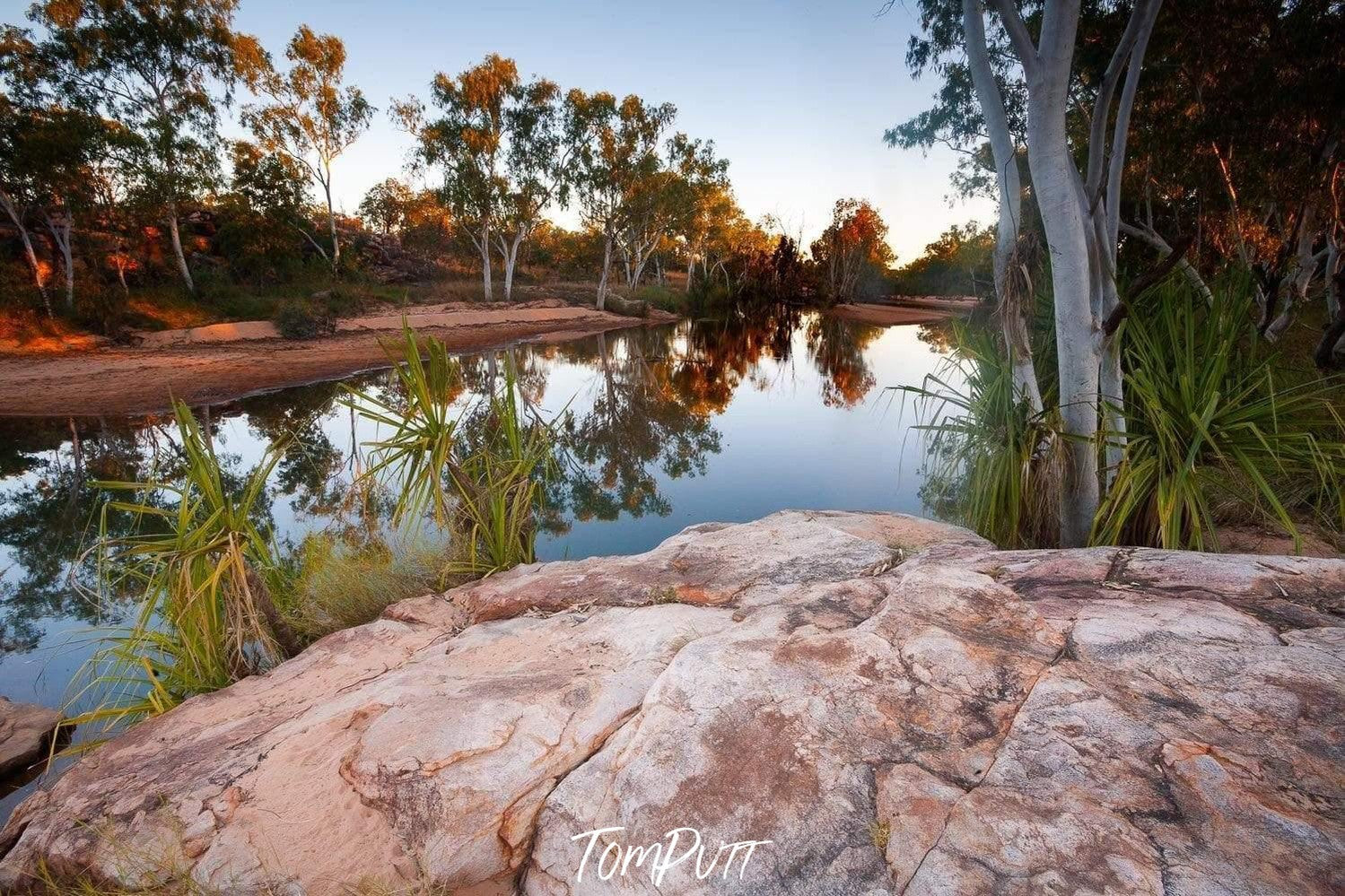 A watercourse with a row of trees and some mountain stones around, Gibb River Artwork- The Kimberley WA