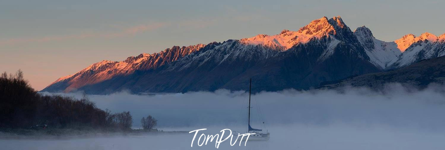 Area fully covered with snow a long mountain walls in the background, Glenorchy Mist - New Zealand