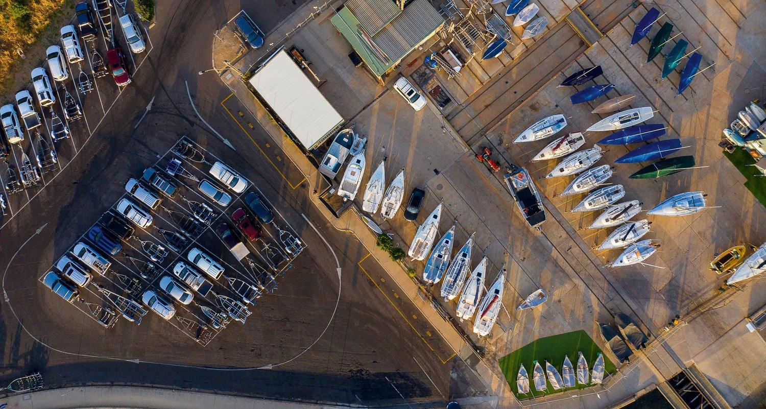 Aerial view of a car parking adjacent to a boat parking, Gone Fishing, Mornington - Mornington Peninsula VIC