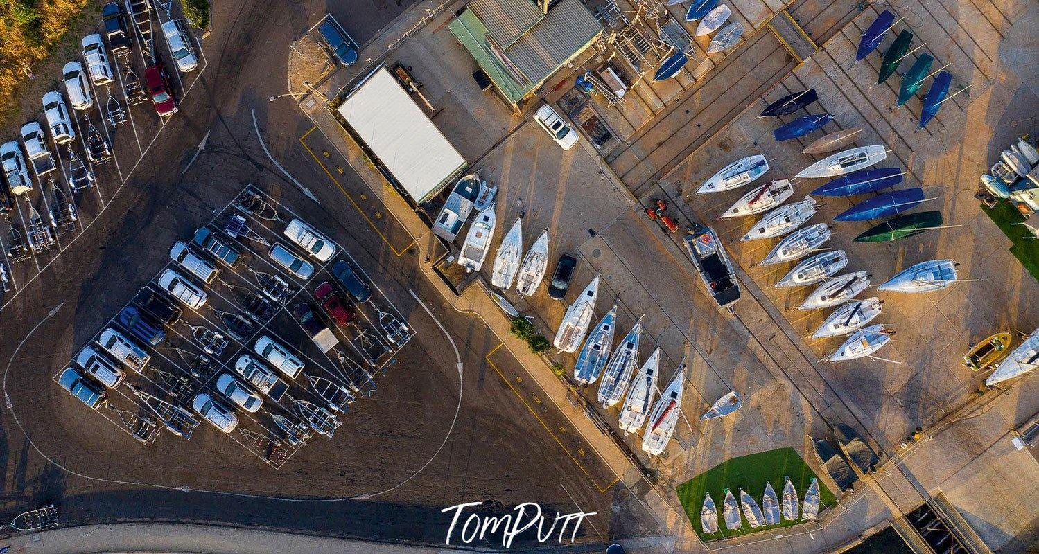 Aerial view of a car parking adjacent to a boat parking, Gone Fishing, Mornington - Mornington Peninsula VIC