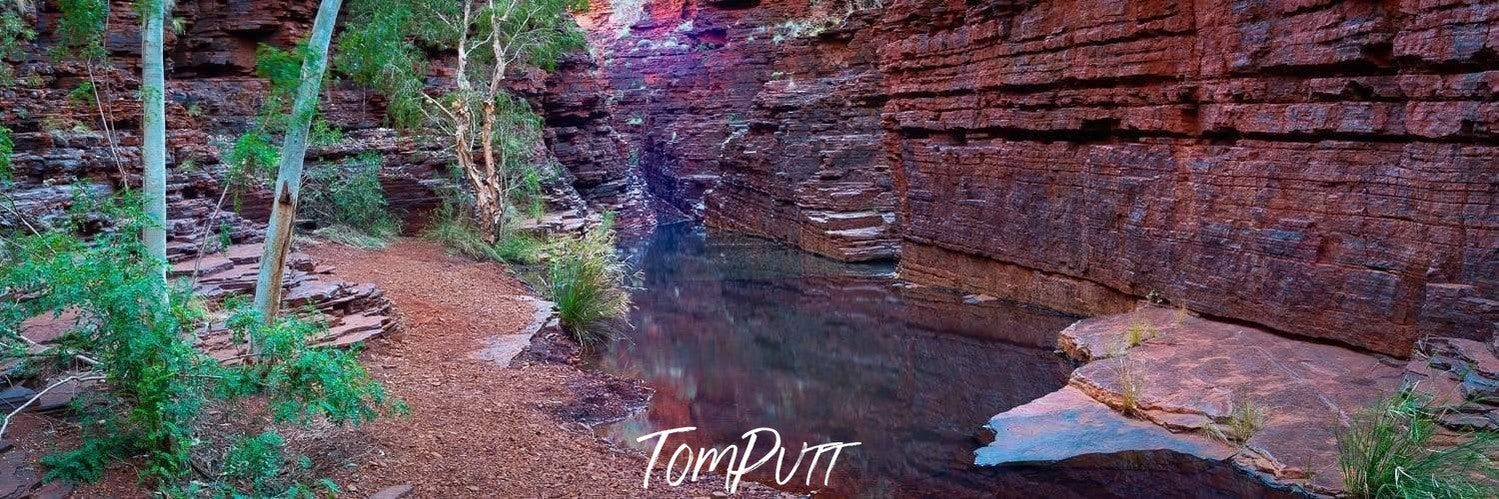 Some small trees with a wall of mountain around, Hancock Pool - Karijini, The Pilbara