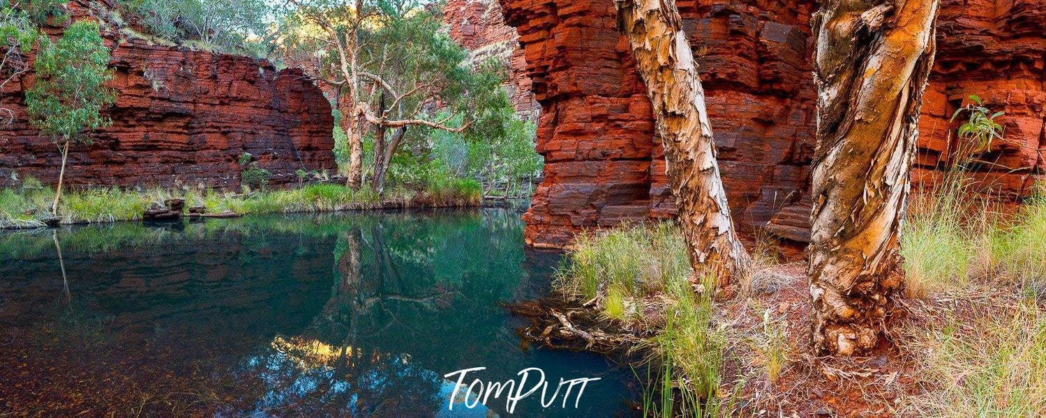 A clear watercourse with long mountain walls in surroundings, Hidden Pool - Karijini, The Pilbara