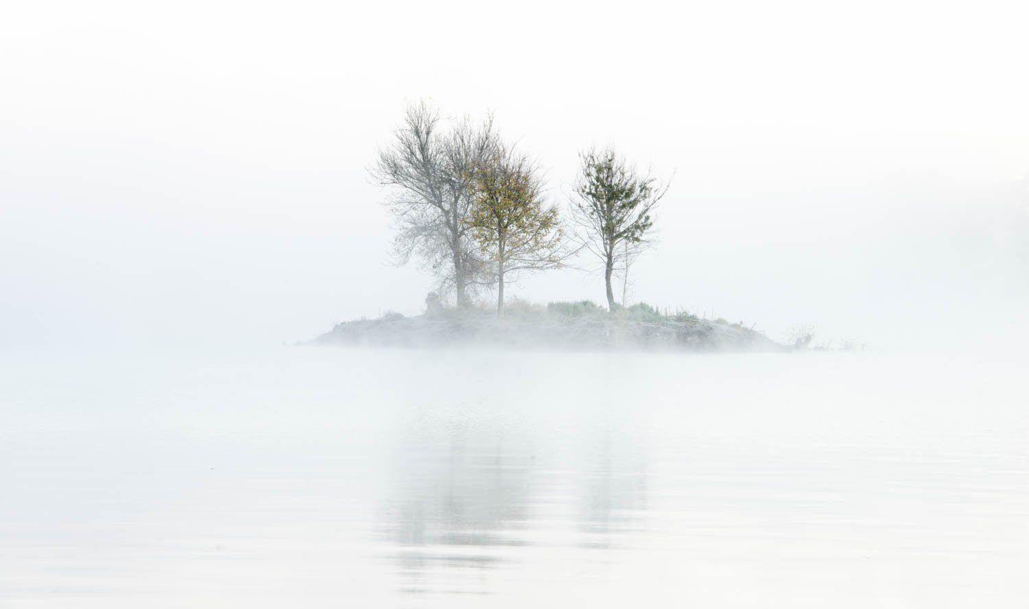 A small island with three trees on it, a foggy effect in the picture, Island in the Mist - Lake Burley Griffin AC