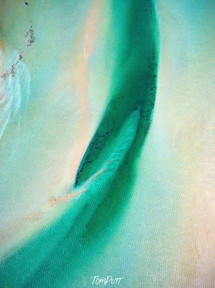 A large green line oil paint with mustard and greenish background, Jade Feathersand