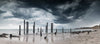 A sequence of woody pillars in the water, and dark stormy clouds over the scene, Jetty Ruins, Willunga SA