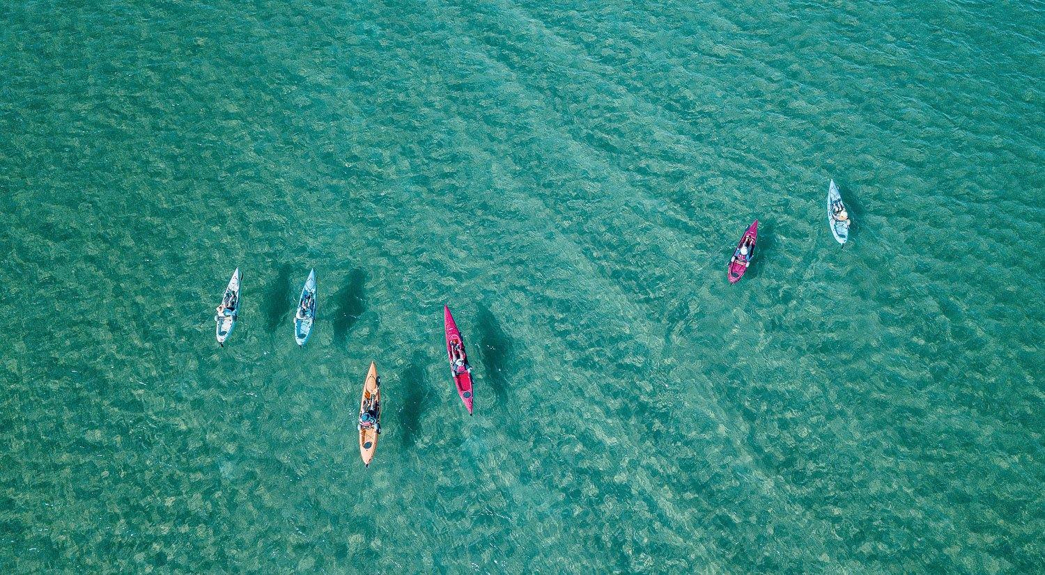 Aerial view of a green ocean with some colorful boats floating over, Kayak Fun - Mornington Peninsula VIC