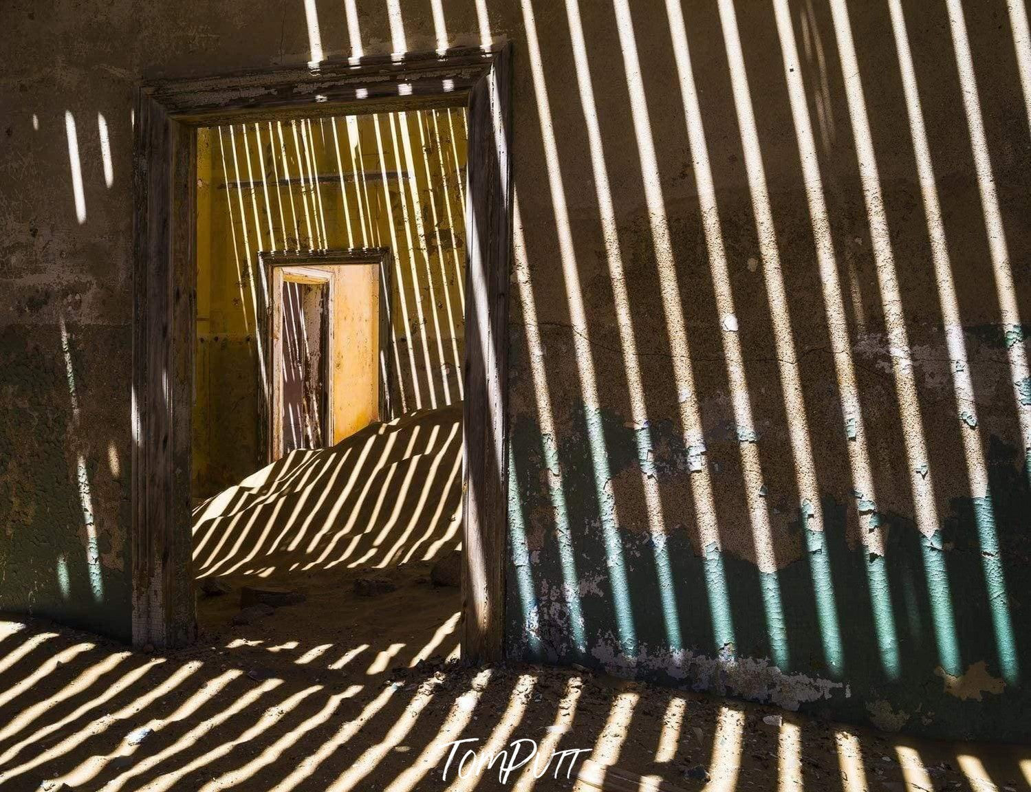 A beautiful lining sequence of sunlight coming to a room wall, Kolmanskop No.1