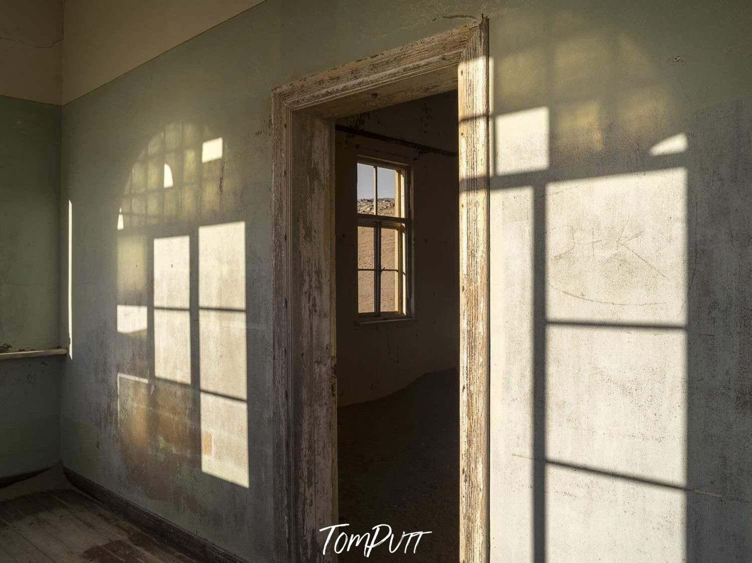 A wall with a door getting beautiful sunlight shadows, Kolmanskop #12 - 150 x 120cms Raw Oak Framed Print