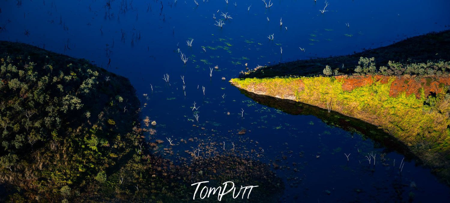 Underwater view of massive rocks with greenery over them, Lake Argyle #19 - The Kimberley