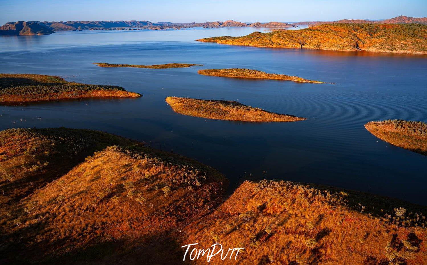 Large mountains walls and a lake in between with some rocky islands, Lake Argyle #3 - The Kimberley