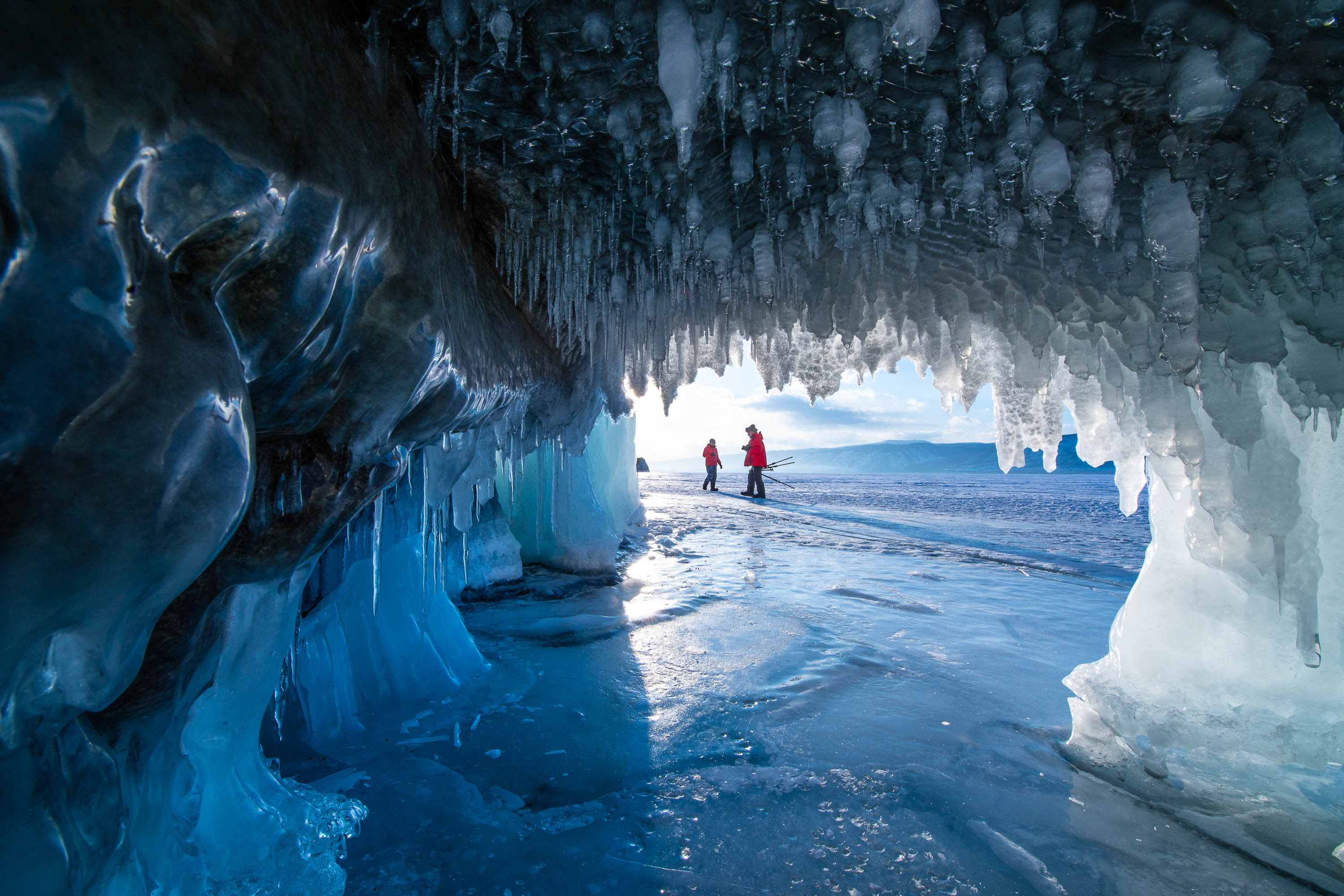 A tunnel formed by the crystalline ice on a frozen surface, Lake Baikal #44, Siberia, Russia