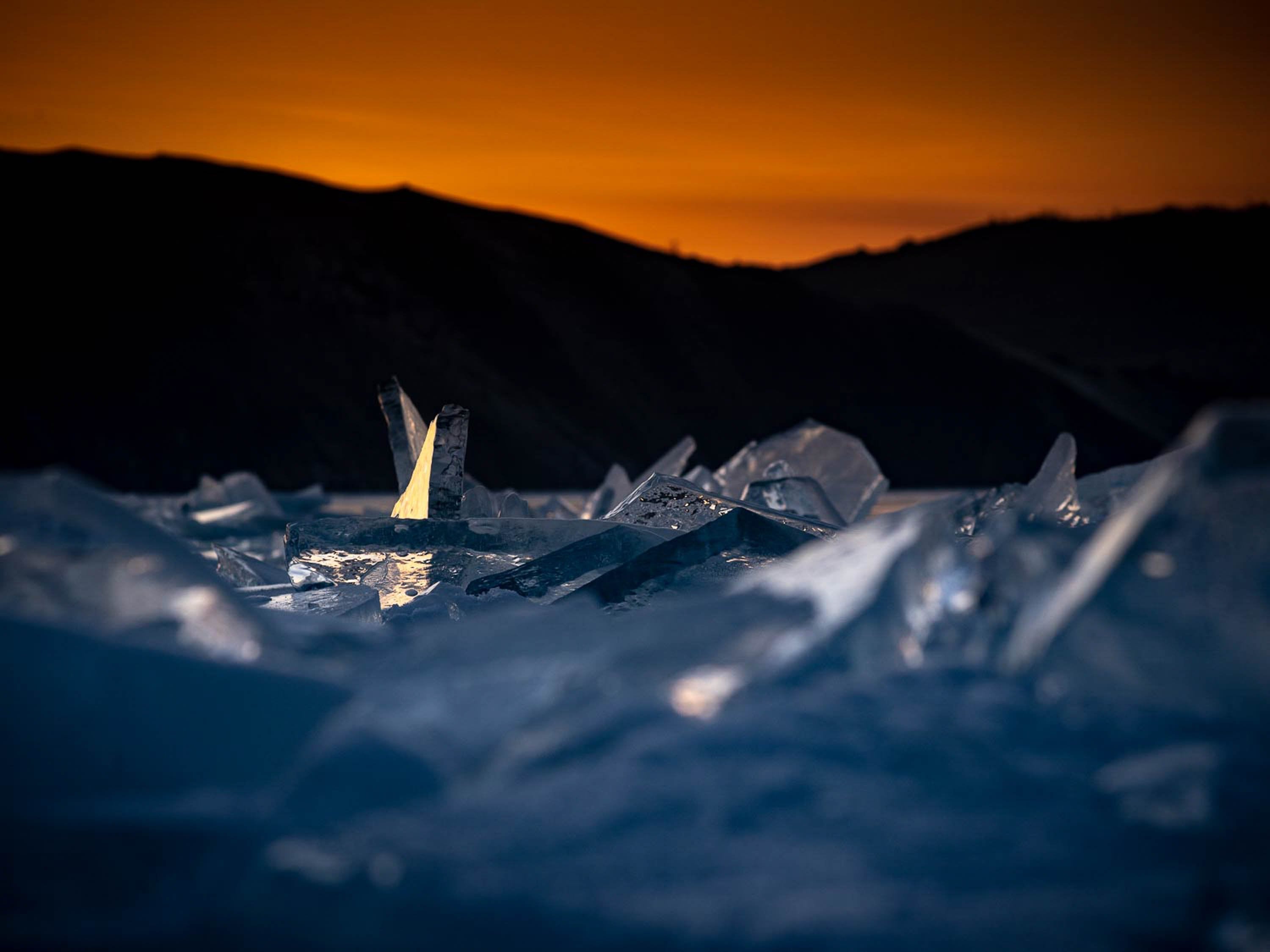 A dark close-up shot of crystalline ice pieces, Lake Baikal #50, Siberia, Russia