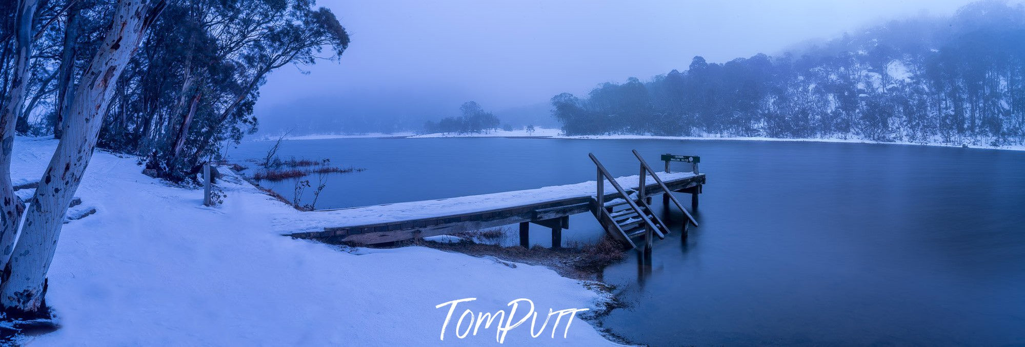 A frozen land with a lake, and a wooden bridge in the water, Lake Catani Mount Buffalo - Victorian High Country