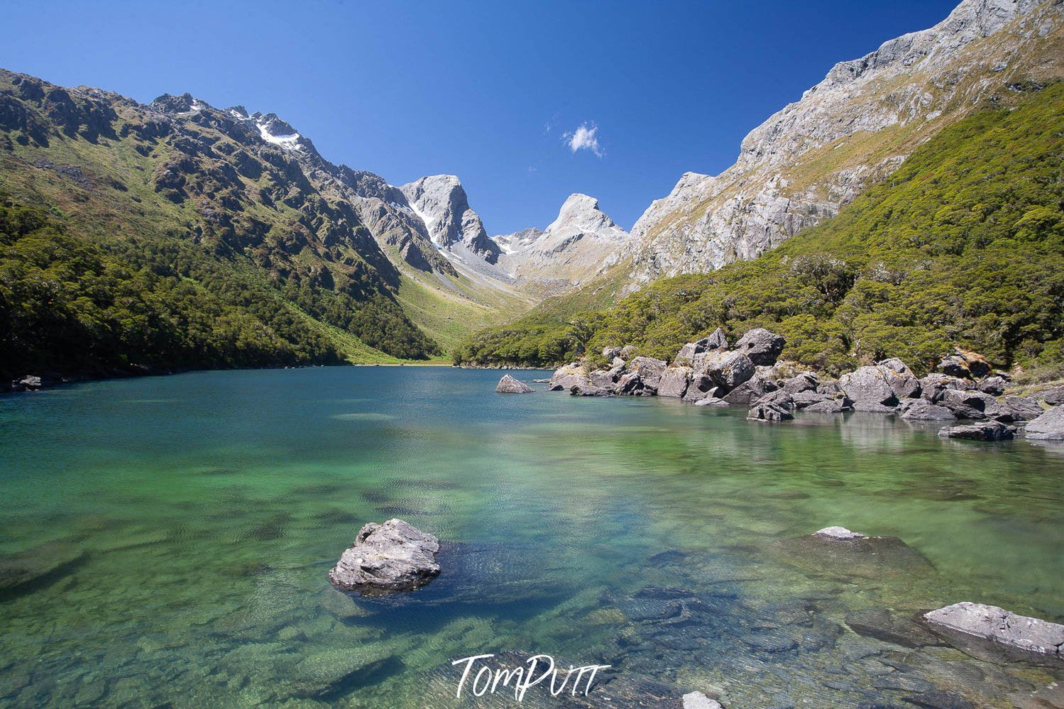 Great grassy mountains above a small lake with clear water, Lake MacKenzie #2, Routeburn Track - New Zealand