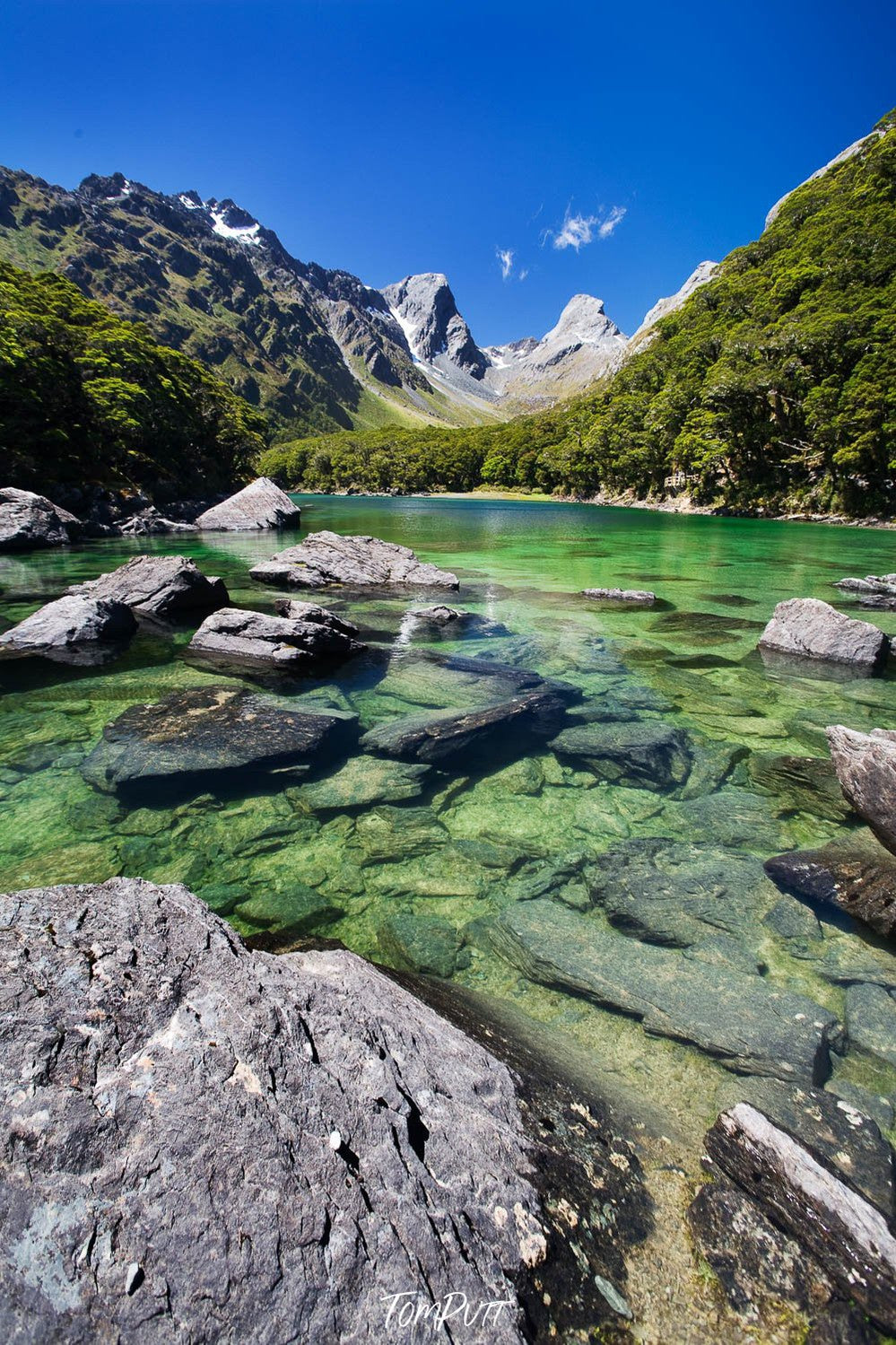 A small lake surrounded by giant green mountains, Lake MacKenzie, Routeburn Track - New Zealand