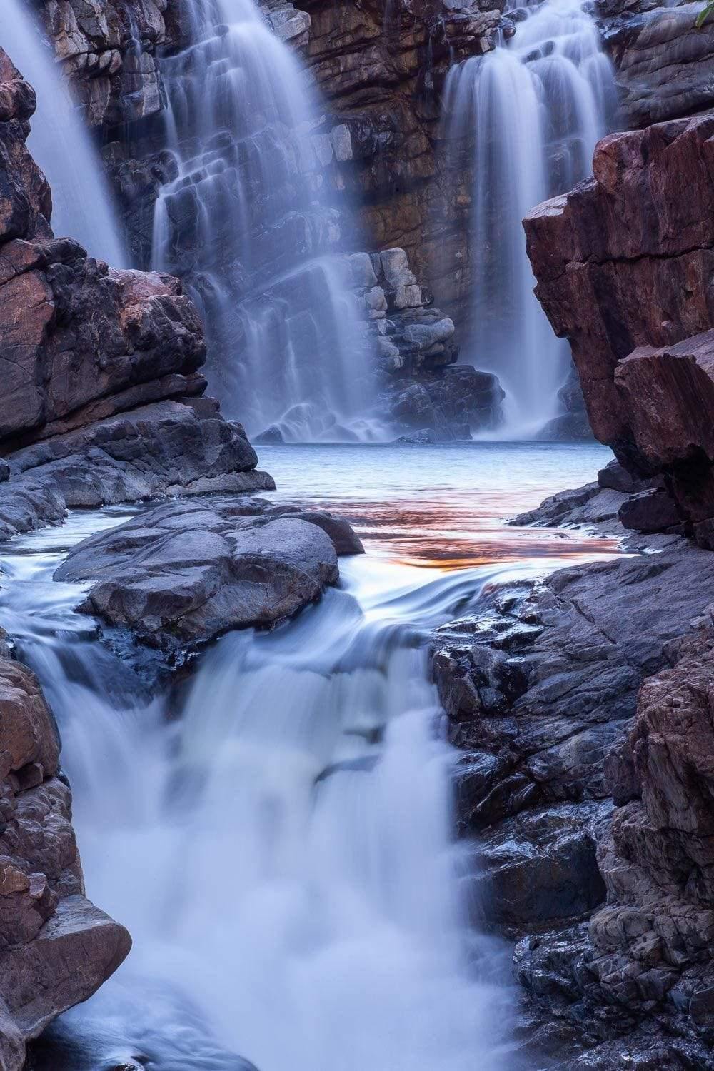 Beautiful waterfalls from rocky mountain wall, Lost, Lennard River Gorge, The Kimberley, Western Australia
