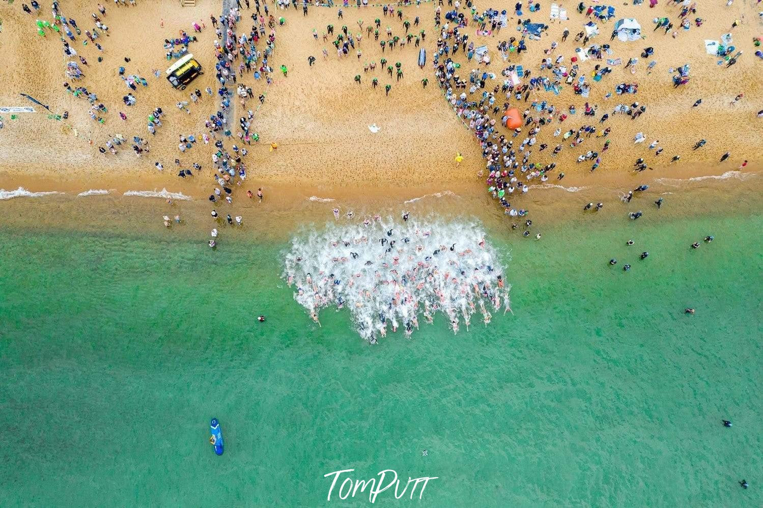 Aerial view of a green water beach with a lot of people, MMAD Swim Start from above - Mornington Peninsula VIC