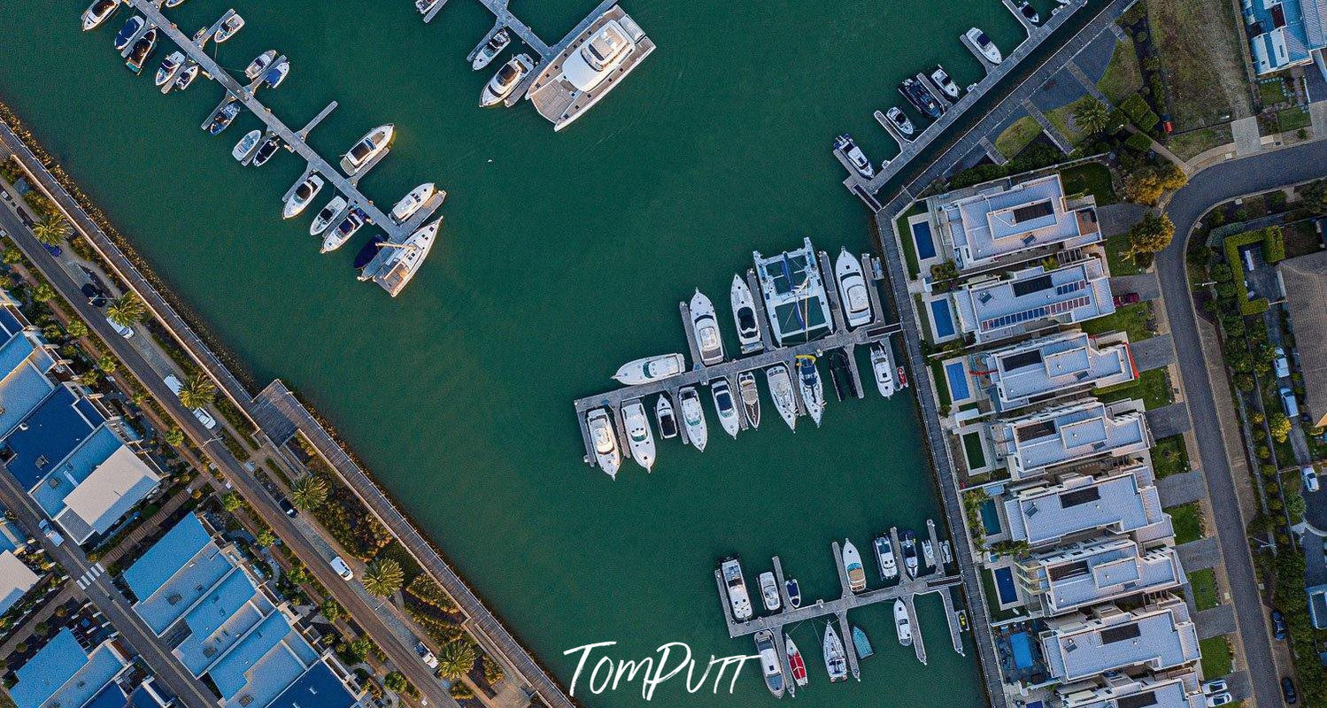 Aerial view of coast with a lot of boats, Martha Cove - Mornington Peninsula VIC