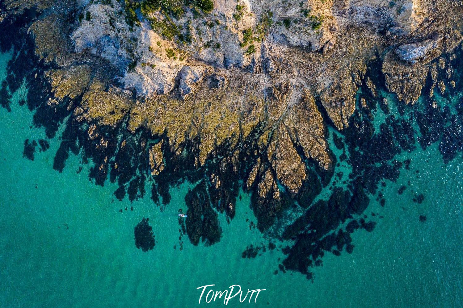 Aerial view of a large ocean with a mountainy island, Martha Reef - Mornington Peninsula VIC