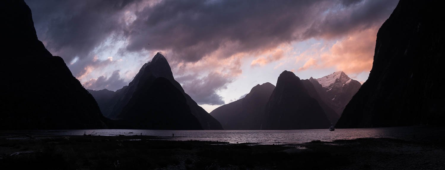 Dark mountains with pinkish weather, New Zealand #26