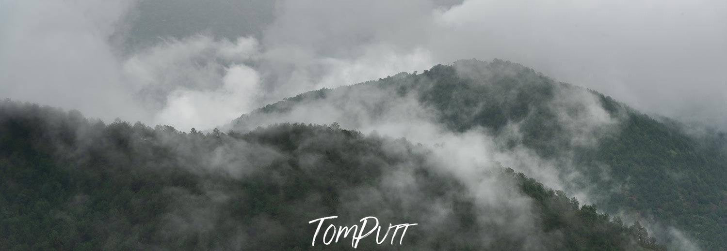 Giant green mountains with dull light and massive fog above, Mist over the Mountains, Bhutan