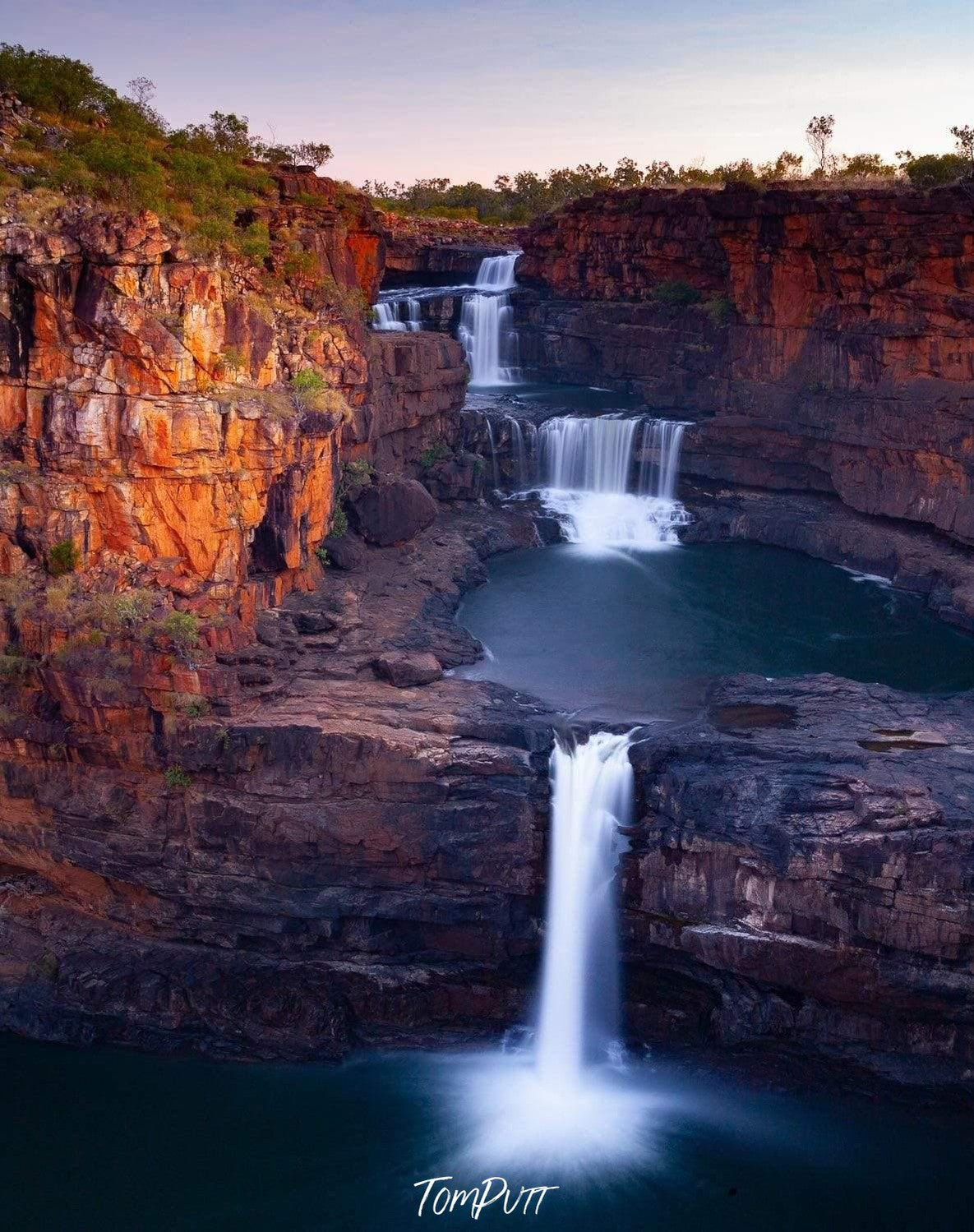 Nested waterfalls from a mountain and from a lake, Mitchell Falls at Dusk, The Kimberley, Western Australia