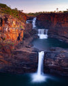 Nested waterfalls from a mountain and from a lake, Mitchell Falls at Dusk, The Kimberley, Western Australia