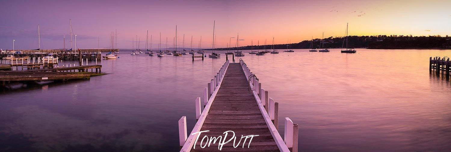 Wooden bridge over a lake with little pinkish effect, Mornington Sunrise - Mornington Peninsula VIC