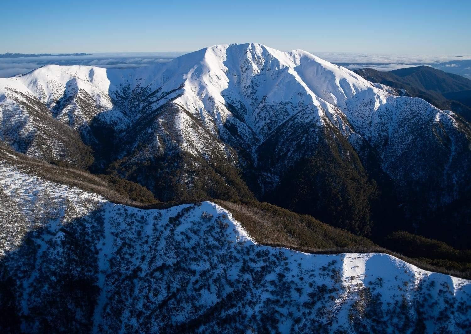 Beautiful giant mountains covered with snow from the top, and dense grass and bushes on the bottom and the ground, Feathertop Awakens - Victorian High Country