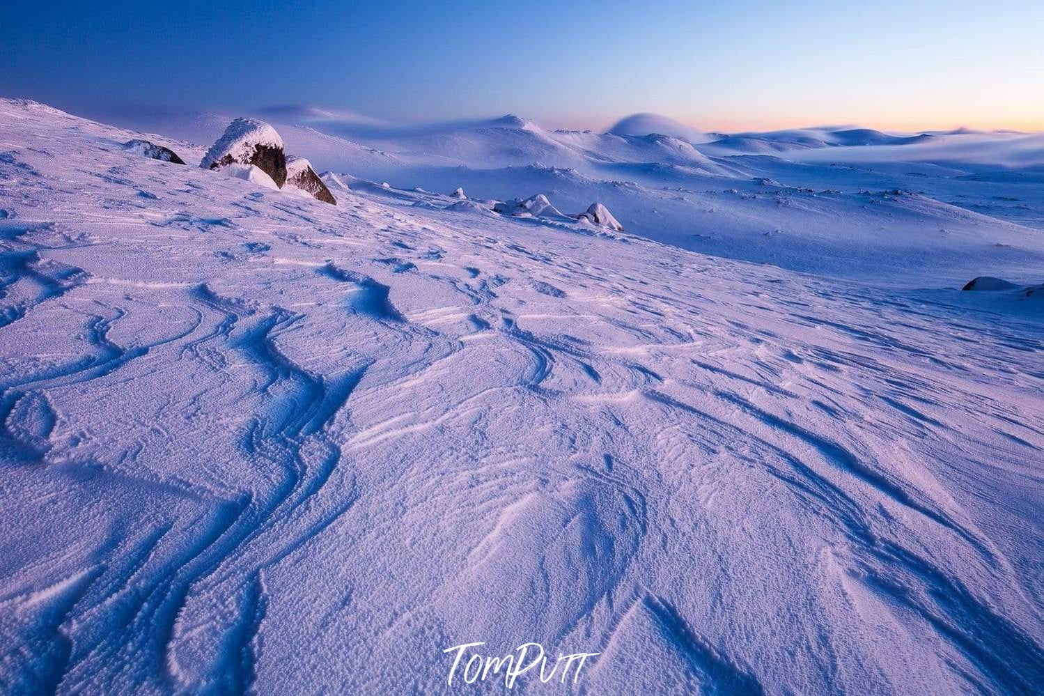 A purplish effect on a wide snow-covered land, Snowy Sunrise - Snowy Mountains NSW