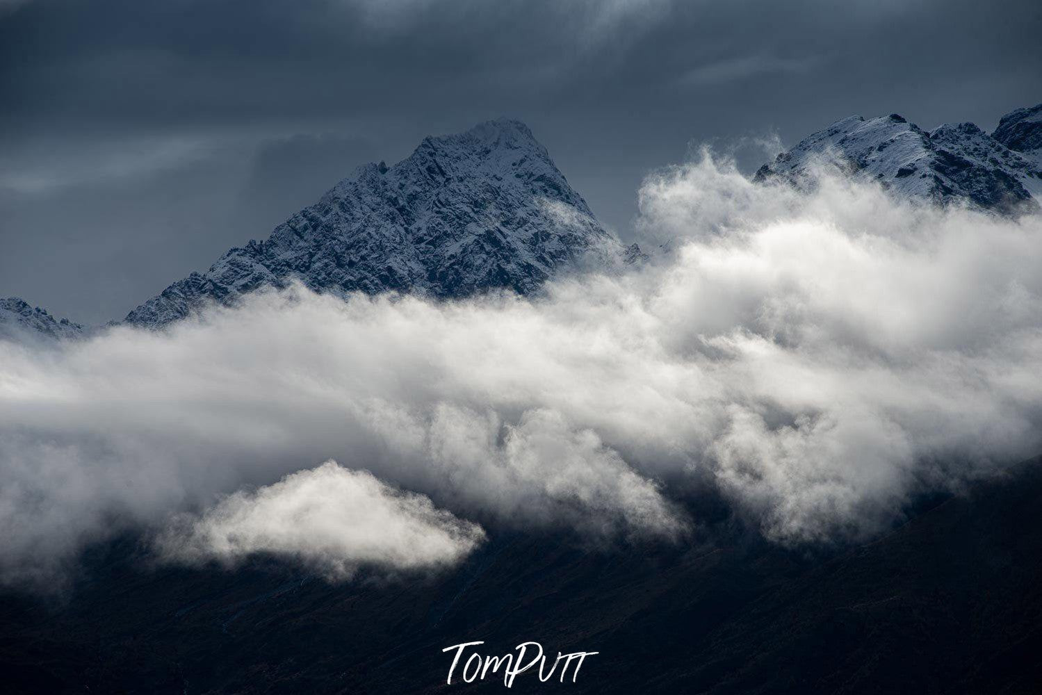 Black mountains with their peaks into the clouds, Mountainscape New Zealand Artwork