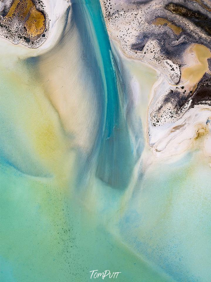 Aerial view of a large oceanic surface with some brown and white-colored sand in the corner, Paintbrush WA 