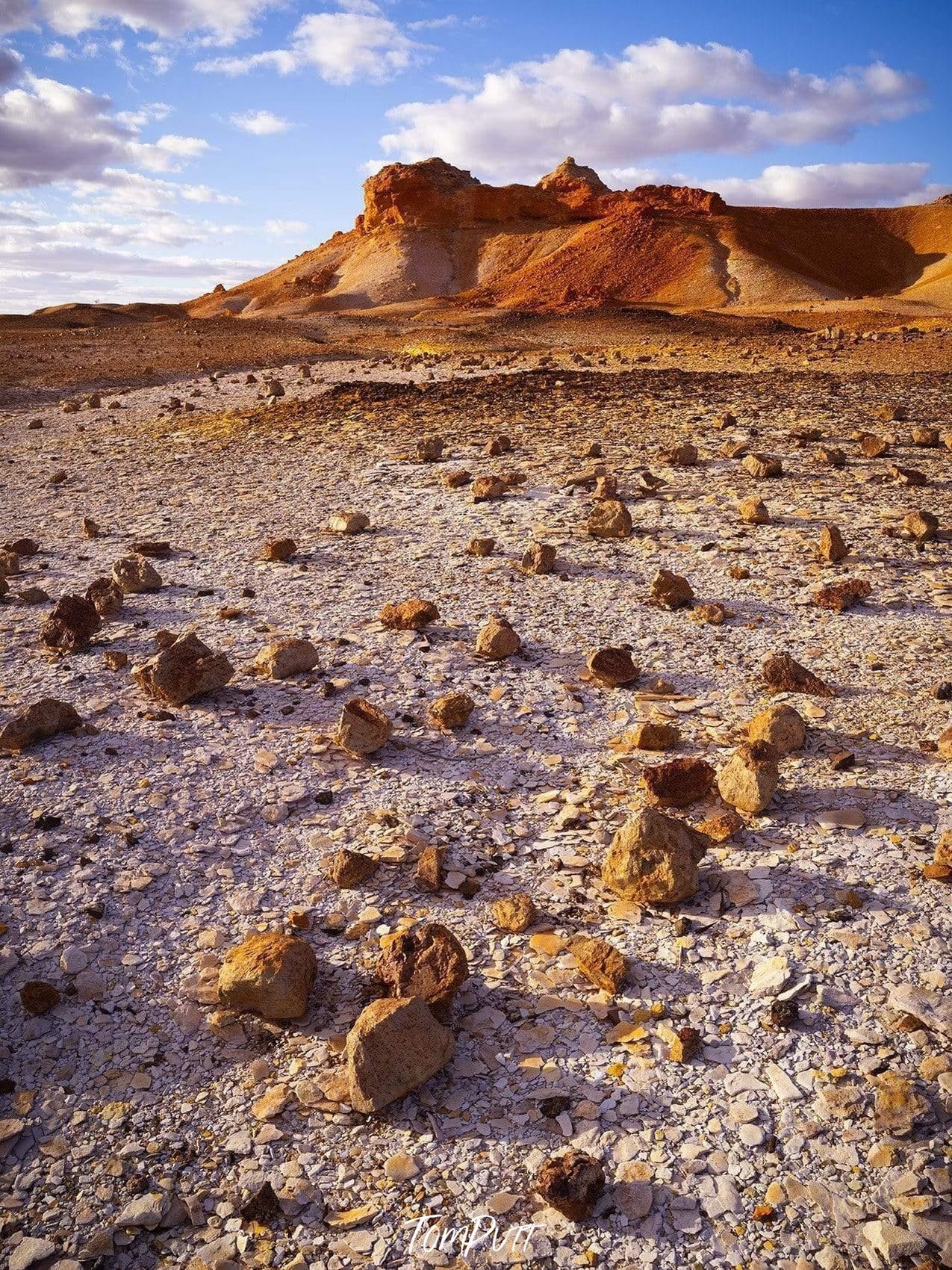A cracky surface with small stones on the ground following a mountain wall with a high mound, Painted Hills #38