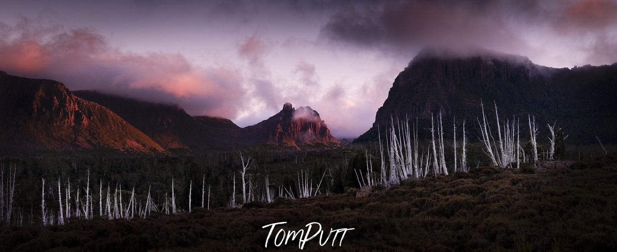 Dark vire of giant mountains with smoky effect over, Pelion Gap - Cradle Mountain TAS