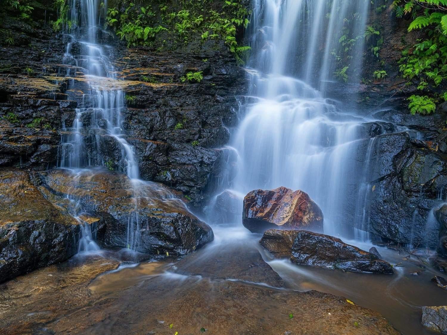 Waterfalls from a green mound, Petit Blue - Blue Mountains NSW