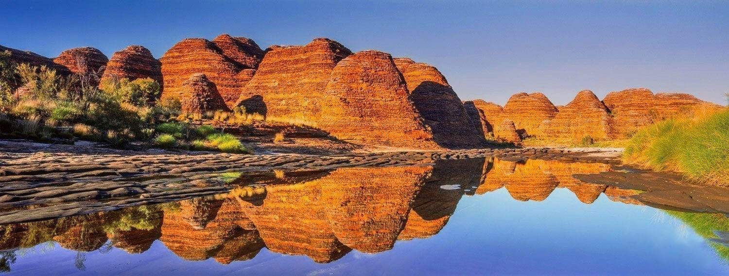 Shiny rocky boulders and greenery with a reflection in the water, Piccaninny Creek, The Bungles, The Kimberley, Western Australia