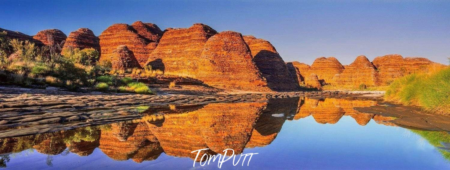 Shiny rocky boulders and greenery with a reflection in the water, Piccaninny Creek, The Bungles, The Kimberley, Western Australia