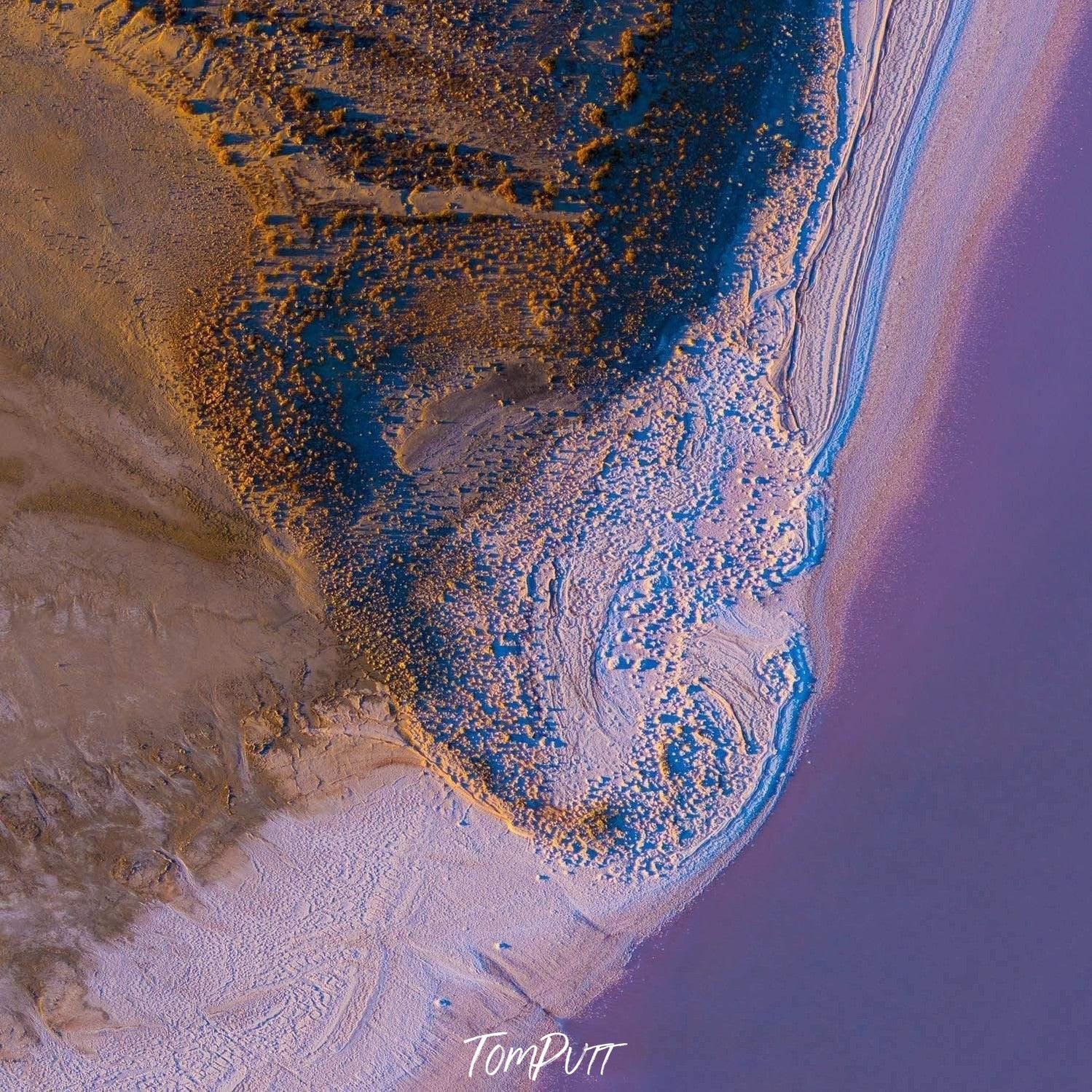 Aerial view of a giant oceanic texture with greenery and beach sand over, Salt Crust