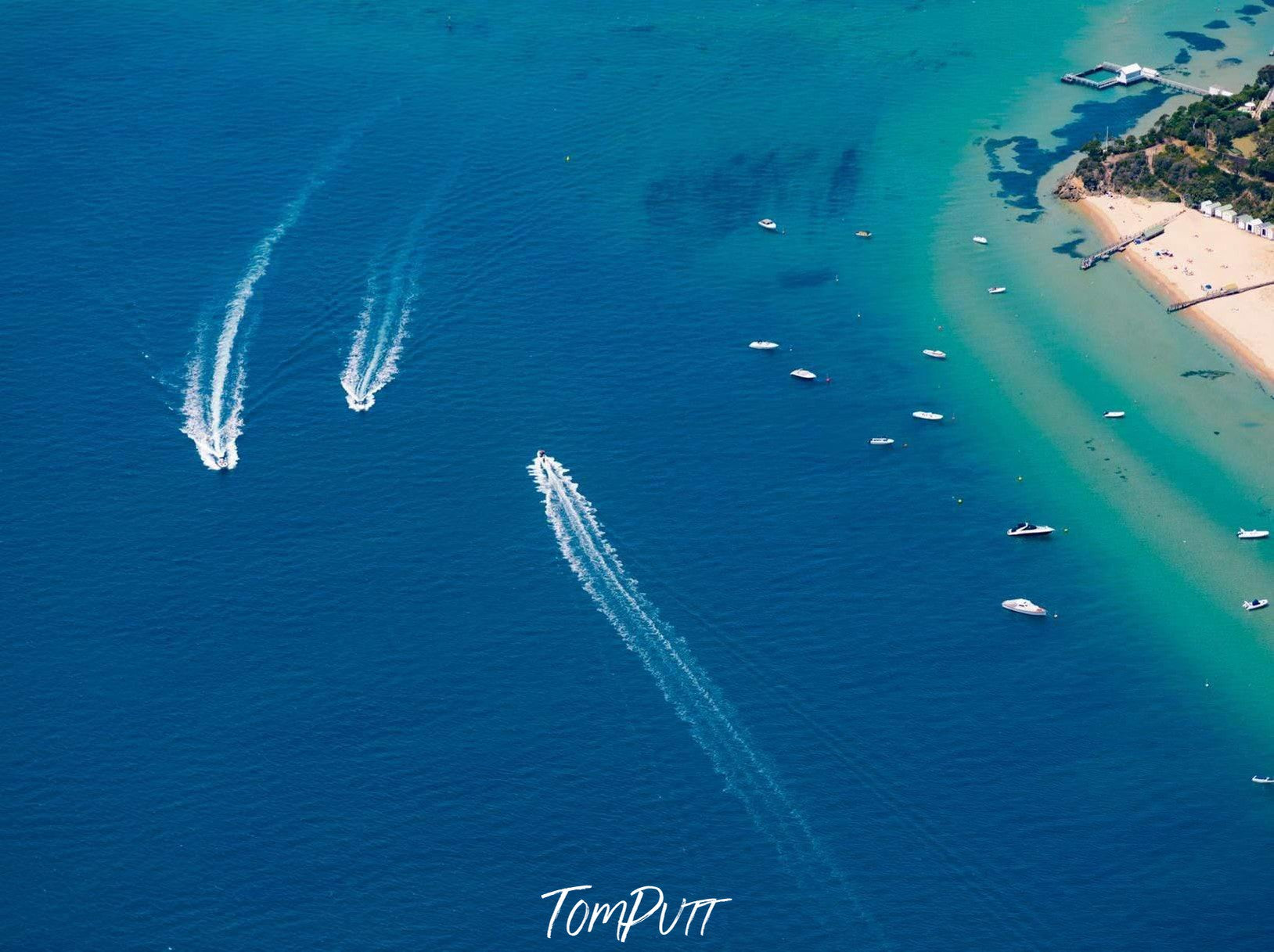 Aerial view of a sea with some boats floating over, Point King, Portsea - Mornington Peninsula VIC