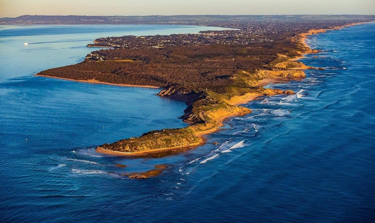 A wide greenery island mound, Point Nepean from above - Mornington Peninsula VIC